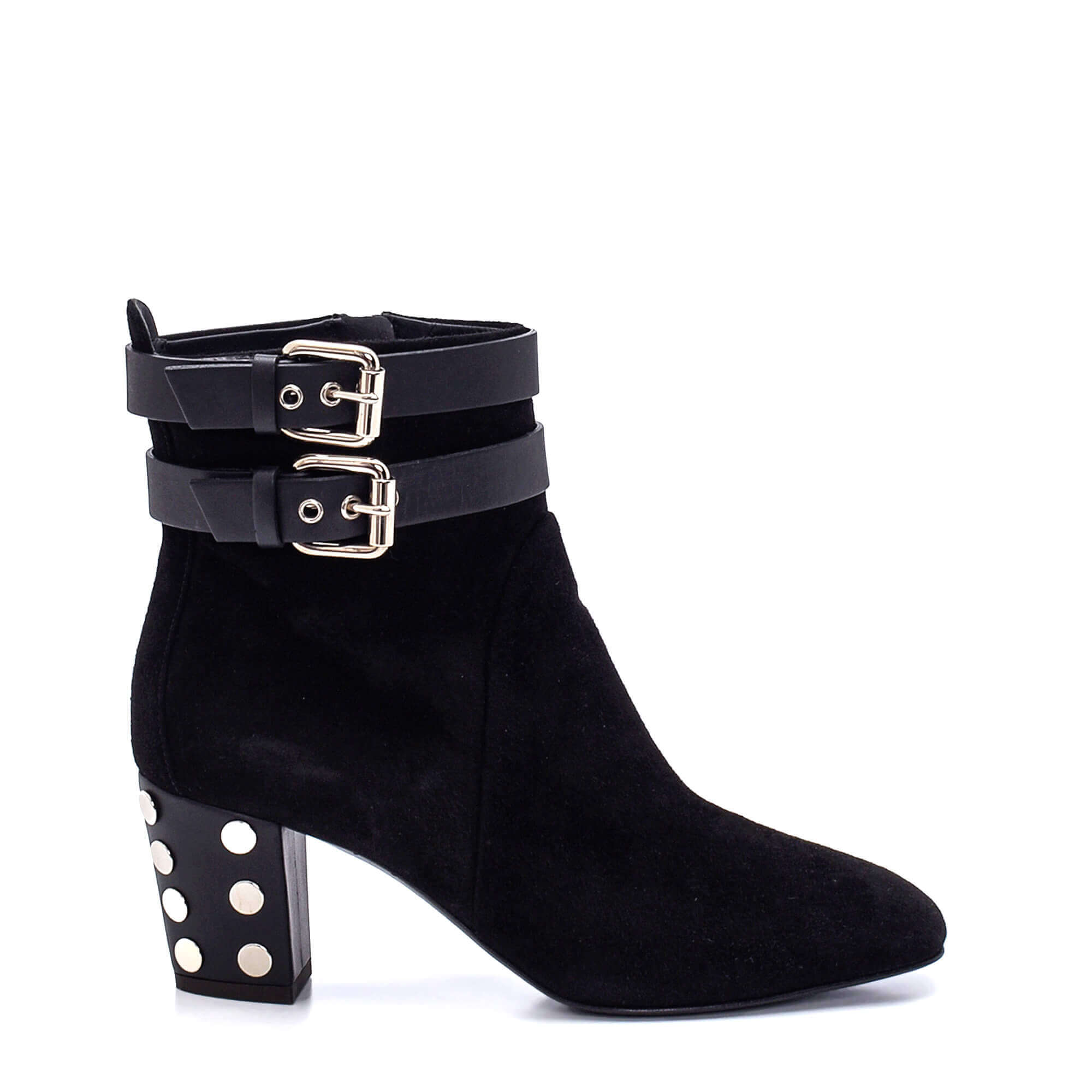 Giuseppe Zanotti - Black Suede Double Buckle Studded Heel Ankle Boots